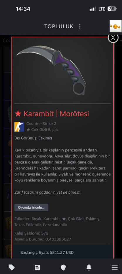 Karambit mor ötesi bansız